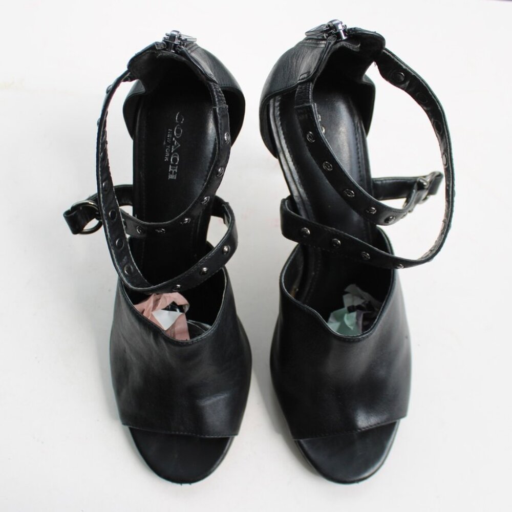 Coach Black Rhonda Open-Toe Leather Studded Straps Stacked Heels Pumps Size 9 - Picture 4 of 10